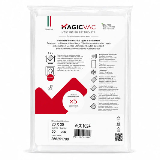 50 sacs Sous Vide précoupés - épaisseur 240 microns - 20x30 cm - Avec étiquette - ACO1024 - MAGIC VAC